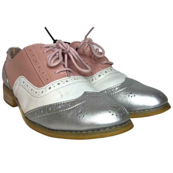 Wingtip Brogue Color Block Leather Oxfords 37 US 7 Pink Silver Saddle Shoes Retr - Picture 6 of 9